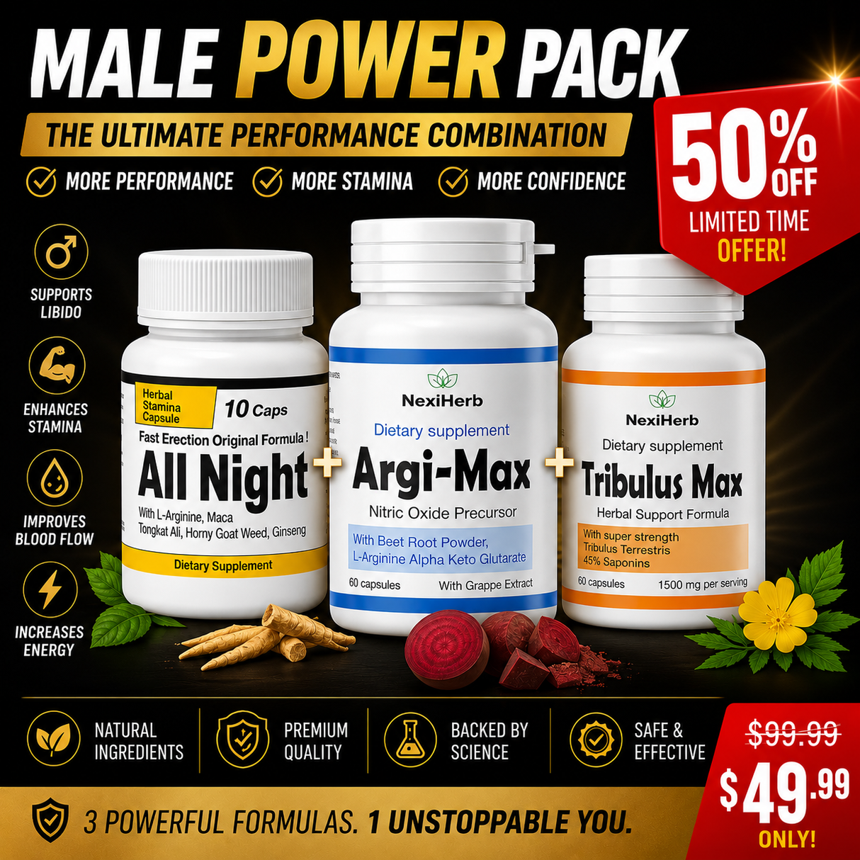 Paquete de potencia masculina: erección, resistencia y libido | Fórmula natural premium